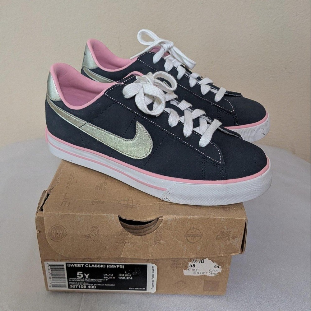 Nike Girl's Sweet Classic Dark Obsidian Metallic Silver Pink Sneakers Shoes 5Y